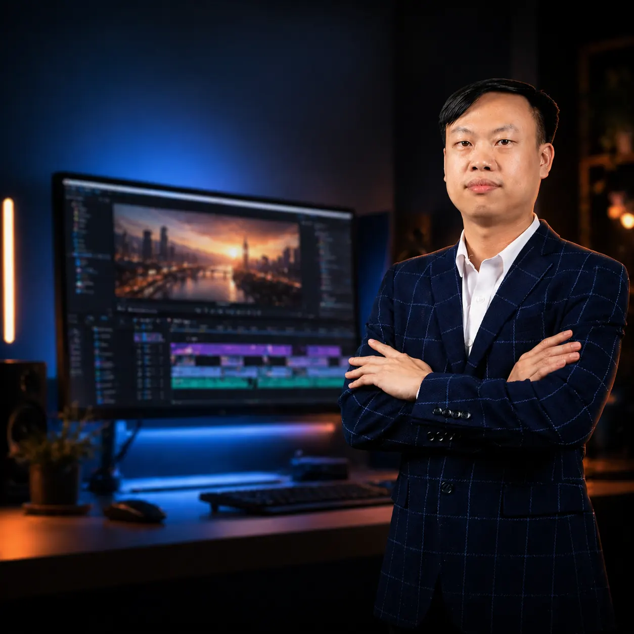 Mai Đình Thắng — Video Editor working in studio with DaVinci Resolve timeline